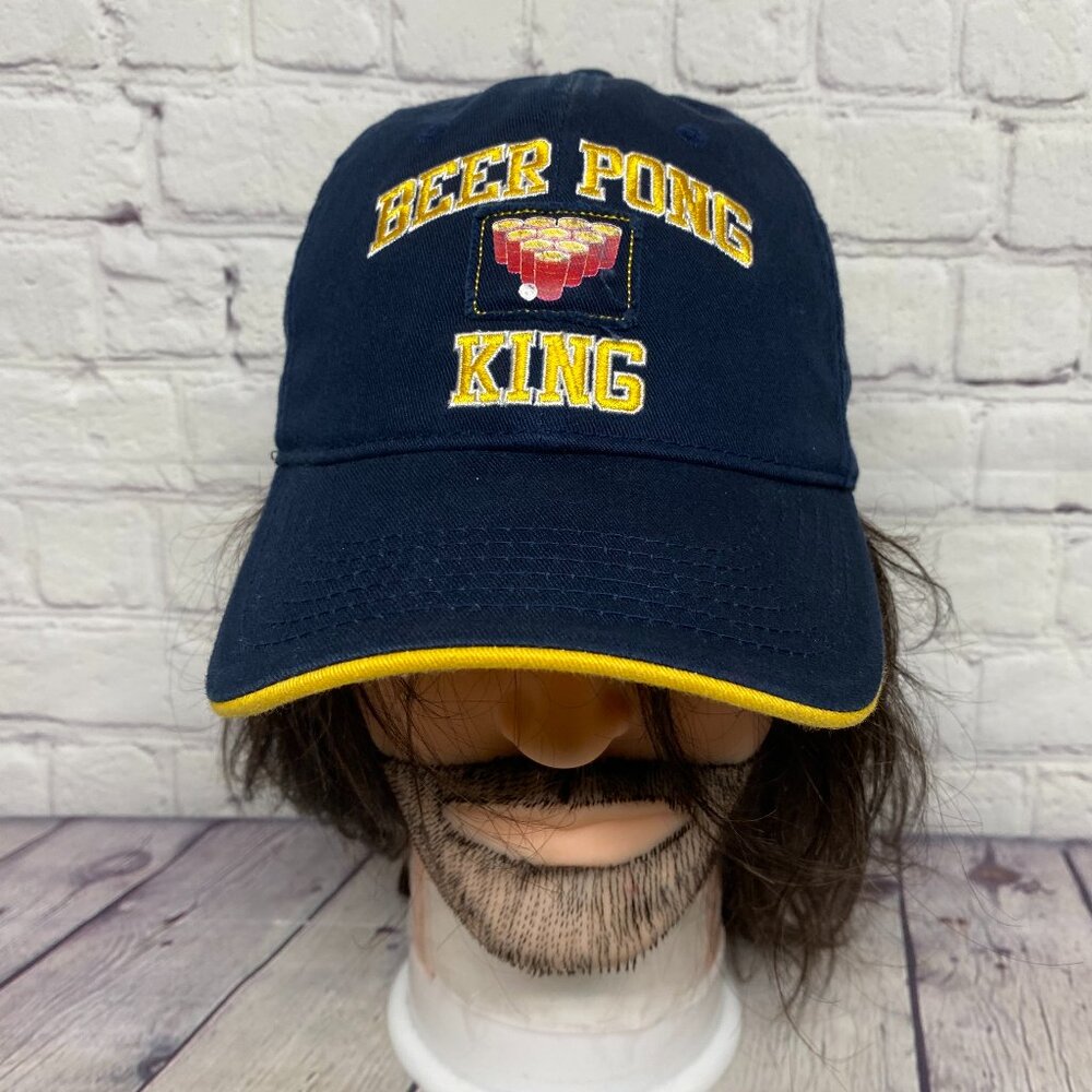 Beer Pong King Dad Hat Cap Strap Back Navy Blue Embroidered Drinking Game Gear